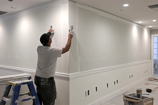 Freshly installed drywall seams taped and mudded in new construction room